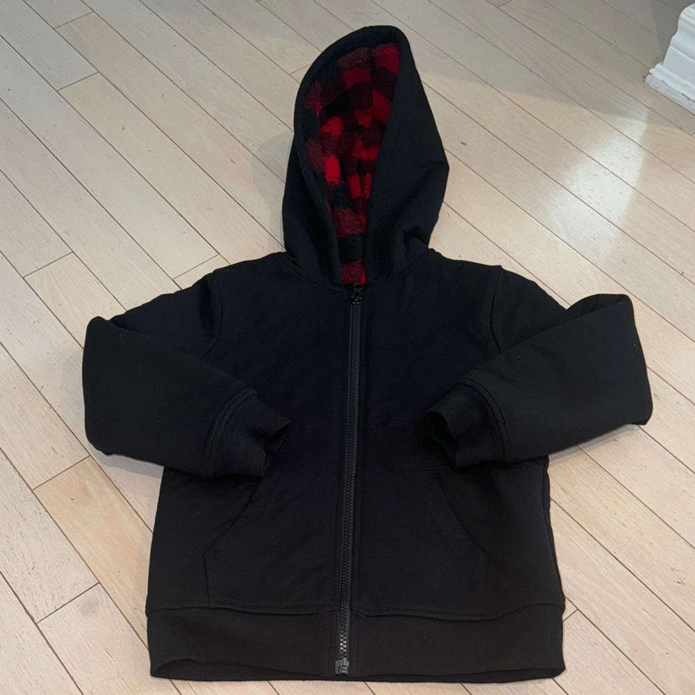 Joe Fresh kids Black Hoodie with Red Plaid Interior with front pockets